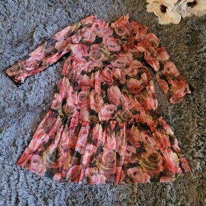 Romantic Floral Ruffle Mini Dress with Sheer Long Sleeves Girls 8 Years